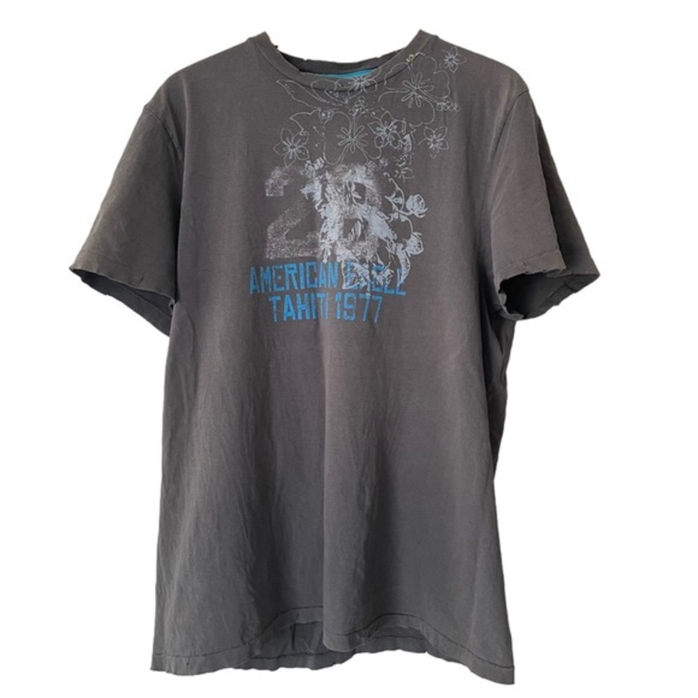 Vintage Y2K AMERICAN EAGLE Graphic T Shirt Tahiti 1977 Tropical Cotton Grey L